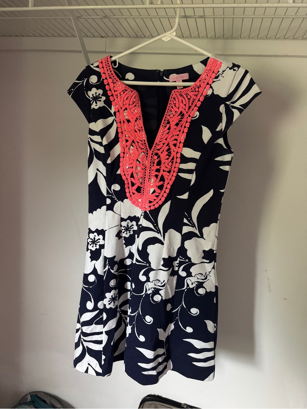 Lilly Pulitzer Navy & White Floral Dress with Coral Crochet V-Neck